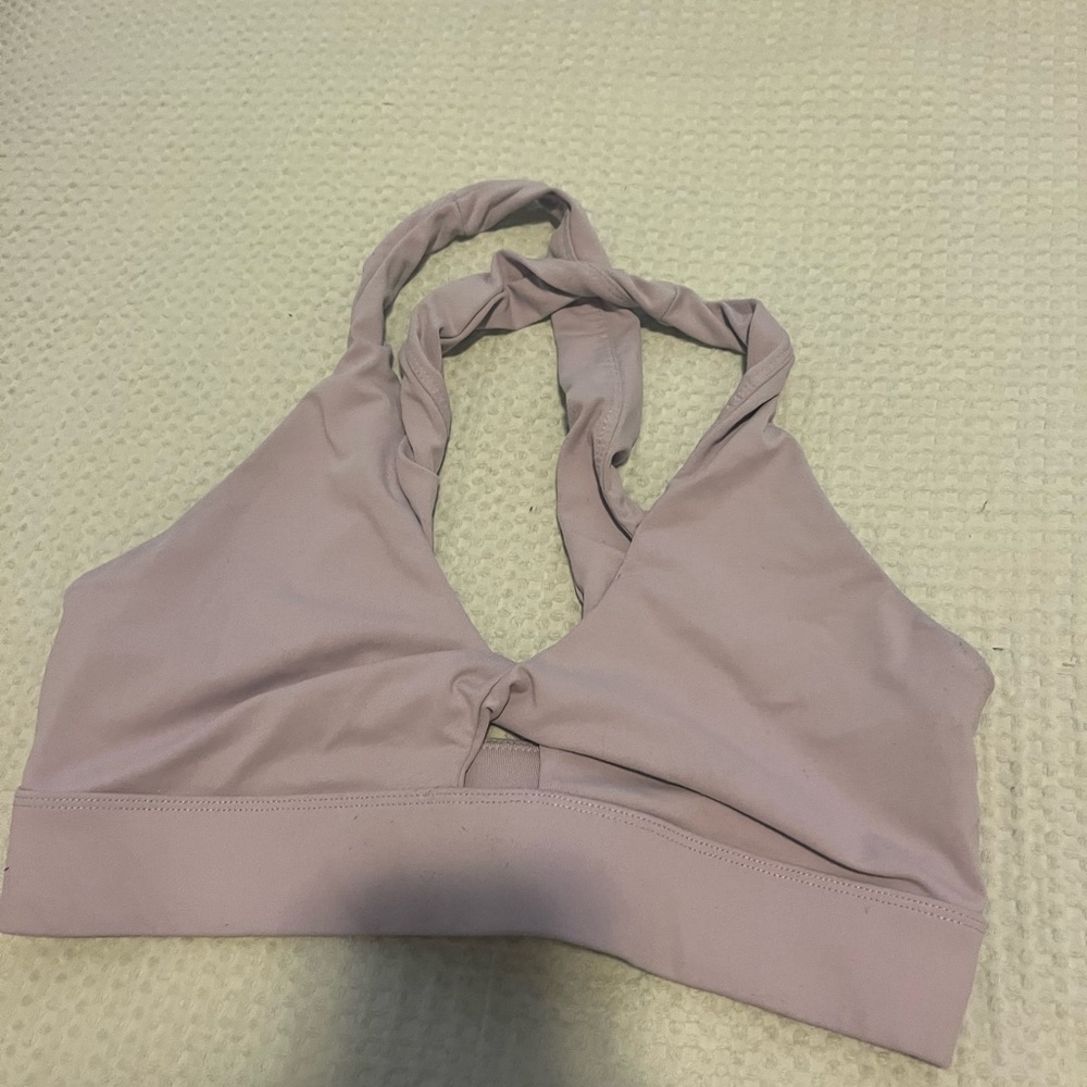 Fabletics Twist-Front Halter Sports Bra in Light Purple